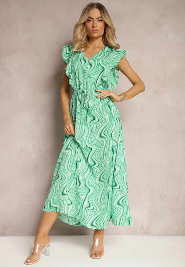 Renee - Jasnozielona Rozkloszowana Sukienka z Guzikami i Gumką w Talii Mottella. Okazja: na co dzień. Typ kołnierza: dekolt w kształcie V. Kolor: zielony. Długość rękawa: krótki rękaw. Typ sukienki: rozkloszowane. Styl: elegancki, casual