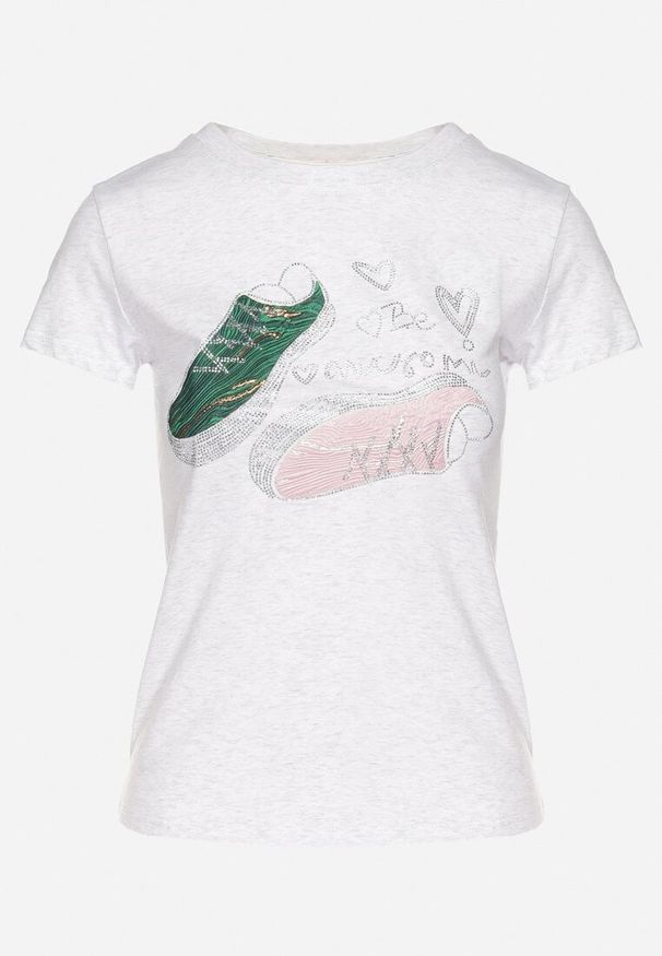 Born2be - Jasnoszary Bawełniany T-shirt z Nadrukiem z Cyrkoniami Karissen. Okazja: na co dzień. Kolor: szary. Materiał: bawełna. Wzór: nadruk. Styl: casual, elegancki, klasyczny