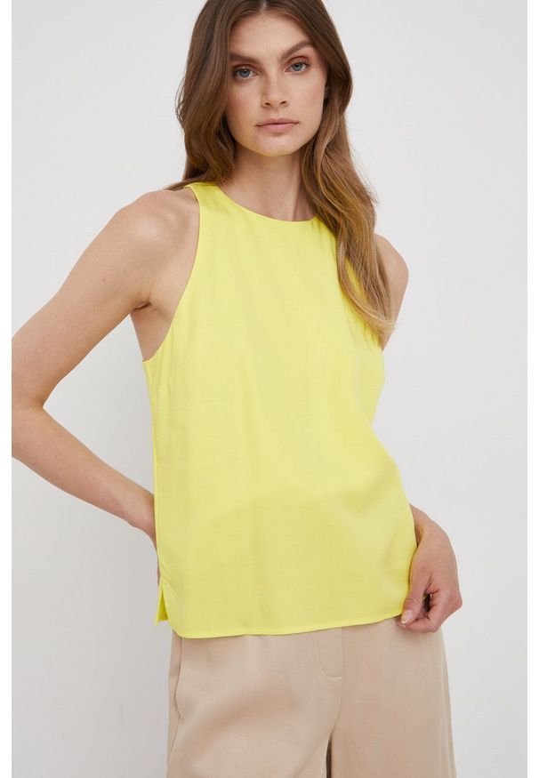 Calvin Klein bluzka kolor żółty. Okazja: na co dzień. Kolor: żółty. Materiał: tkanina, bawełna, włókno, lyocell. Styl: casual