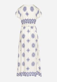 Born2be - Niebieska Sukienka w Ornamentalny Wzór z Elastycznym Paskiem Tosvanna. Okazja: na co dzień. Kolor: niebieski. Długość rękawa: krótki rękaw. Wzór: aplikacja. Typ sukienki: kopertowe, proste. Styl: klasyczny, casual, elegancki #2