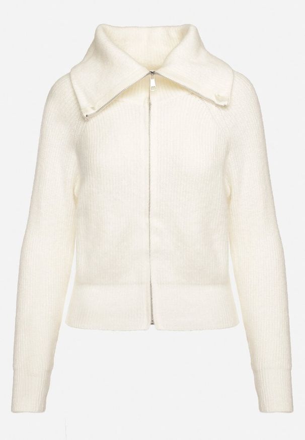 Born2be - Biały Kardigan Dzianiny z Wełną z Golfem Zapinany na Suwak Zinellia. Okazja: na co dzień. Typ kołnierza: golf. Kolor: biały. Materiał: dzianina, wełna. Długość rękawa: długi rękaw. Długość: długie. Styl: casual, klasyczny