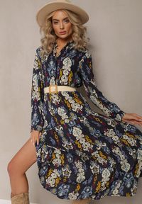 Renee - Granatowa Sukienka Koszulowa Rozkloszowana Zjarrta. Typ kołnierza: kołnierzyk klasyczny. Kolor: niebieski. Materiał: materiał, wiskoza. Sezon: jesień, wiosna. Typ sukienki: koszulowe. Styl: klasyczny