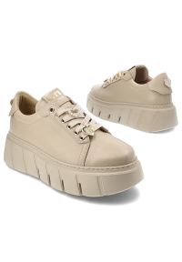 CheBello - Beżowe Sneakersy Chebello Wygodne Obuwie Damskie. Zapięcie: sznurówki. Kolor: beżowy. Materiał: materiał, skóra. Styl: elegancki #3