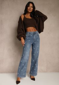 Renee - Niebieskie Jeansy Wide Leg High Waist z Haftem w Kształcie Kokardek Salimessa. Okazja: na imprezę, na co dzień. Stan: podwyższony. Kolor: niebieski. Wzór: haft. Styl: casual