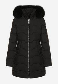 Born2be - Czarna Taliowana Kurtka z Pikowanymi Przeszyciami i Kapturem z Futrem Mundria. Okazja: na co dzień. Kolor: czarny. Materiał: futro. Styl: klasyczny, casual, elegancki #7