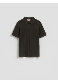 Reserved - Ażurowa koszulka polo - ciemnozielony. Typ kołnierza: polo. Kolor: zielony. Materiał: bawełna, dzianina. Wzór: ażurowy