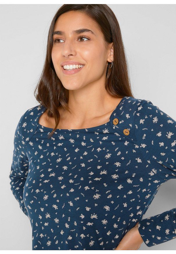bonprix - Shirt z długim rękawem i nadrukiem. Kolor: niebieski. Długość rękawa: długi rękaw. Długość: długie. Wzór: nadruk