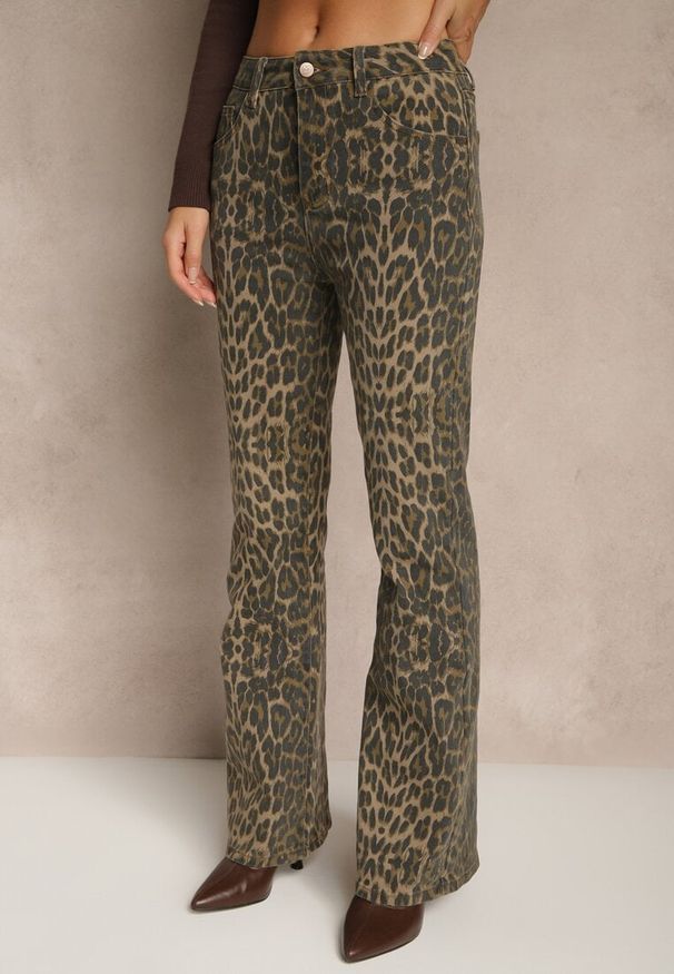 Renee - Panterkowe Jeansy Dzwony High Waist z Bawełny Enerre. Okazja: na co dzień, na spacer. Stan: podwyższony. Wzór: motyw zwierzęcy. Styl: casual