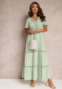 Renee - Miętowa Rozkloszowana Sukienka Maxi z Gumką w Talii i Koronkowym Dekoltem Cheteia. Kolor: miętowy. Materiał: koronka. Sezon: lato, wiosna. Długość: maxi #5