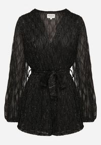 Born2be - Czarny Kombinezon o Kopertowym Kroju Zdobiony Błyszczącą Nitką i Wiązany w Pasie Venvina. Kolor: czarny. Materiał: skóra. Wzór: aplikacja. Styl: elegancki #4