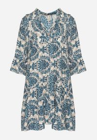 Born2be - Granatowo-Beżowa Rozkloszowana Sukienka z Bawełny z Falbanami w Ornamentalny Wzór Lanoreth. Okazja: na spacer, na co dzień. Typ kołnierza: dekolt w serek. Kolor: niebieski. Materiał: bawełna. Typ sukienki: rozkloszowane, proste. Styl: casual, klasyczny #6