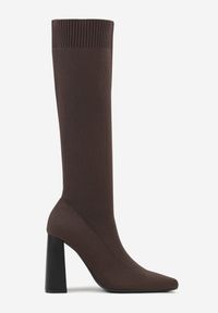 Born2be - Brązowe Skarpetkowe Kozaki VICES na Geometrycznym Słupku z Noskiem w Szpic Zevra. Okazja: do pracy, na spotkanie biznesowe. Zapięcie: bez zapięcia. Kolor: brązowy. Materiał: satyna. Wzór: geometria. Obcas: na słupku. Styl: klasyczny, biznesowy #7