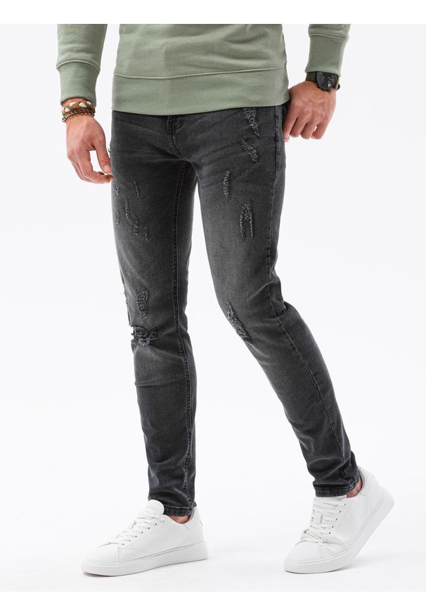 Ombre Clothing - Spodnie męskie jeansowe z przetarciami SLIM FIT P1021 - czarne - XXL. Okazja: na co dzień. Kolor: czarny. Materiał: jeans. Styl: casual