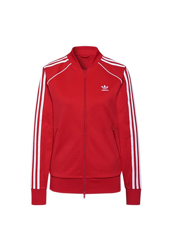 Adidas - Bluza adidas Originals Primeblue SST Track Jacket H18189 - czerwona. Kolor: czerwony. Materiał: dzianina, poliester, materiał, bawełna, elastan. Wzór: aplikacja, ze splotem. Styl: retro, sportowy, klasyczny