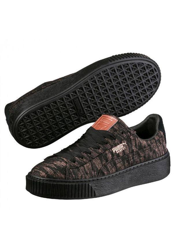 Buty do chodzenia damskie Puma Basket Platform VR Wmns. Zapięcie: sznurówki. Kolor: wielokolorowy, czarny, zielony. Materiał: materiał, syntetyk, tkanina. Szerokość cholewki: normalna. Obcas: na platformie. Sport: turystyka piesza