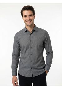 Taliowana Koszula Męska - Victorio - Czarno-Biała, Mikrowzór. Kolor: czarny, biały, wielokolorowy. Materiał: elastan, bawełna. Styl: elegancki #5