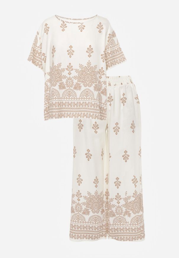 Born2be - Beżowy Komplet Wiskozowy Szerokie Spodnie i Luźna Bluzka z Nadrukiem Paisley Thela. Kolekcja: plus size. Kolor: beżowy. Materiał: wiskoza. Wzór: nadruk, paisley