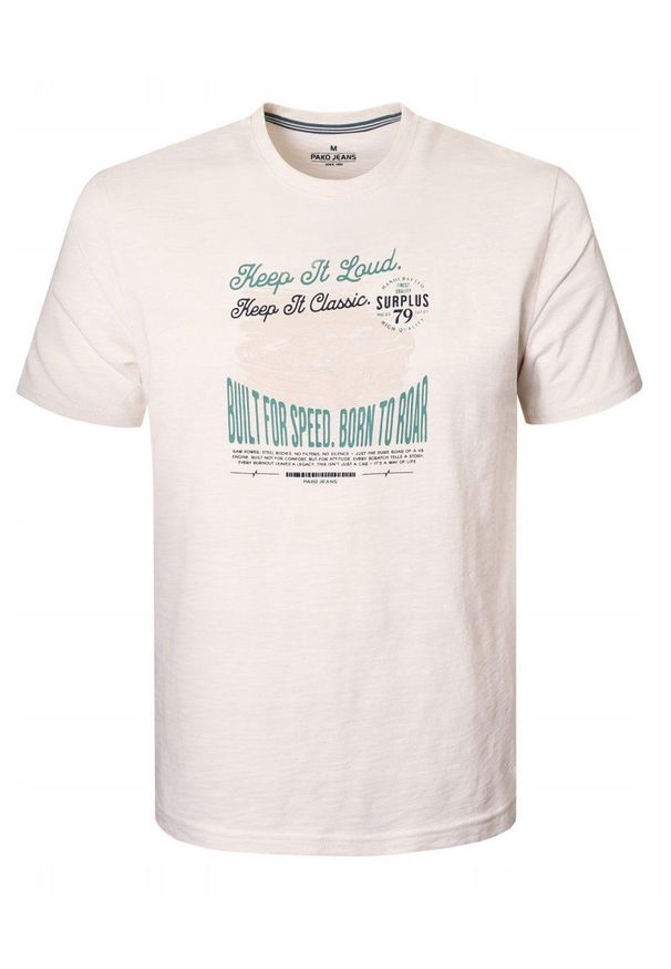 Bawełniana, Męska Koszulka (T-Shirt) - Pako Jeans - Kremowa z Nadrukiem. Okazja: na co dzień. Kolor: wielokolorowy, brązowy, beżowy. Materiał: bawełna. Wzór: nadruk. Styl: casual