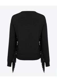 Pinko - PINKO - Czarny sweter z frędzlami Valgualnera. Kolor: czarny. Materiał: kaszmir, dzianina, wełna. Wzór: ażurowy, aplikacja. Styl: klasyczny