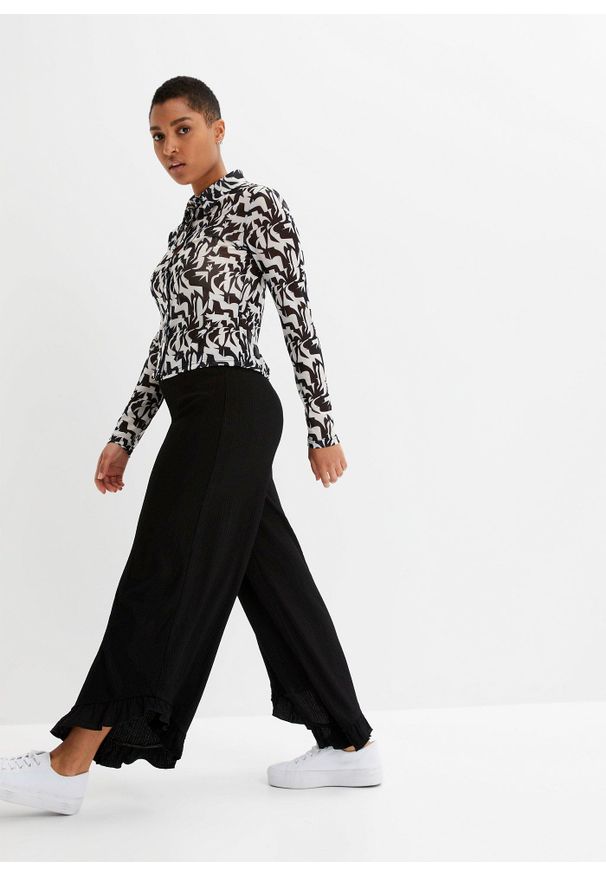 bonprix - Spodnie z gumką w talii z teksturowanej krepy. Kolor: czarny. Materiał: materiał