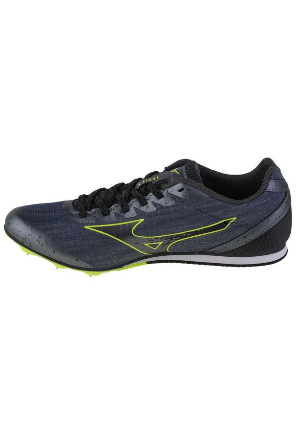 Buty do biegania męskie Mizuno X First. Zapięcie: sznurówki. Kolor: szary. Materiał: guma, materiał, syntetyk, tkanina. Szerokość cholewki: normalna