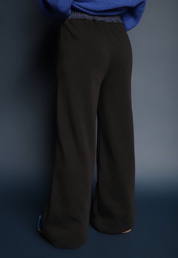 Renee - Czarne Spodnie z Bawełną o Szerokim Kroju High Waist Ozdobione Sznurkami Annoriel. Okazja: na co dzień. Stan: podwyższony. Kolor: czarny. Materiał: bawełna. Długość: krótkie. Wzór: aplikacja. Styl: elegancki, casual