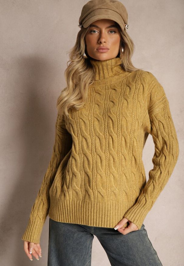 Renee - Żółty Golf z Imitacją Splotu ze Ściągaczami Giovarella. Okazja: na spotkanie biznesowe. Typ kołnierza: golf. Kolor: żółty. Materiał: jeans. Długość rękawa: długi rękaw. Długość: długie. Wzór: ze splotem. Styl: biznesowy, elegancki