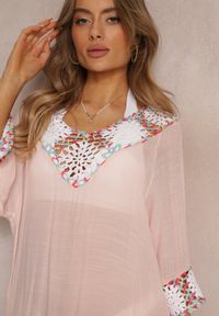 Renee - Różowa Asymetryczna Tunika Boho z Frędzlami Kayce. Kolor: różowy. Materiał: tkanina. Wzór: aplikacja. Styl: boho