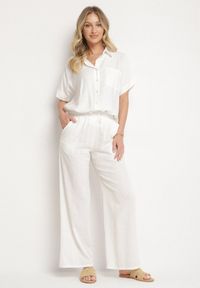 Born2be - Białe Szerokie Spodnie z Lnem z Gumką w Talii i Kieszeniami Filisela. Okazja: na co dzień, do pracy. Kolor: biały. Materiał: len. Styl: elegancki, casual #3