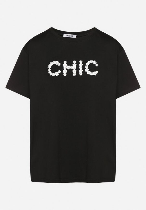 Born2be - Czarny T-shirt Bawełniany z Napisem i Perełkami Nalinor. Okazja: na co dzień. Kolor: czarny. Materiał: bawełna. Wzór: napisy. Styl: elegancki, casual
