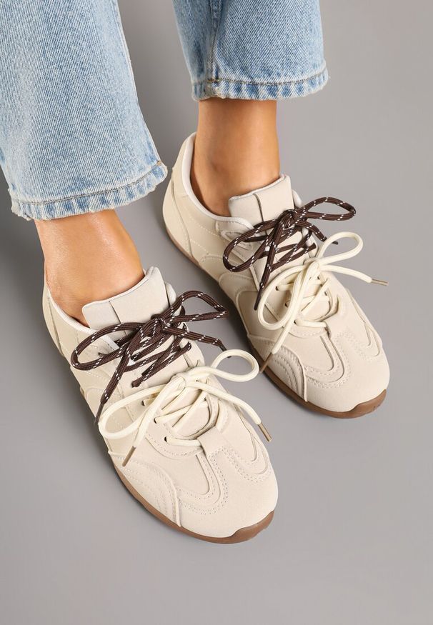 Born2be - Beżowe Sneakersy z Podwójnym Wiązaniem Xairana. Okazja: na co dzień. Kolor: beżowy. Materiał: jeans. Wzór: aplikacja. Sezon: lato, wiosna