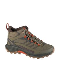 Merrell - Buty trekkingowe męskie, Speed Strike 2 Mid WP. Wysokość cholewki: za kostkę. Zapięcie: sznurówki. Kolor: zielony. Materiał: guma, syntetyk, materiał. Szerokość cholewki: normalna. Sport: turystyka piesza