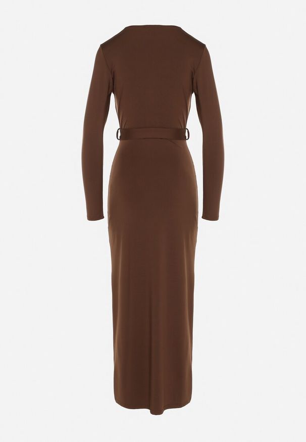 Born2be - Brązowa Sukienka Kopertowa z Wiskozą Zdobiona Rozcięciem i Wiązanym Paskiem Teslea. Okazja: na co dzień. Kolor: brązowy. Materiał: wiskoza. Wzór: aplikacja. Typ sukienki: kopertowe. Styl: casual, klasyczny, elegancki