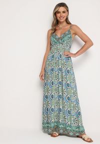 Born2be - Zielono-Niebieska Wiskozowa Sukienka Boho na Ramiączkach z Gumką w Pasie Elorea. Kolor: zielony. Materiał: wiskoza. Długość rękawa: na ramiączkach. Sezon: lato. Styl: boho