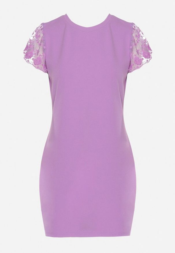 Born2be - Fioletowa Dopasowana Sukienka z Koronkowym Rękawkiem Cidariana. Okazja: na imprezę. Kolor: fioletowy. Materiał: koronka. Długość rękawa: krótki rękaw. Styl: klasyczny, elegancki