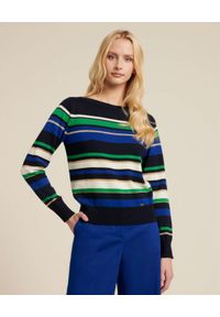 Luisa Spagnoli - LUISA SPAGNOLI - Niebieski sweter w paski Macchietta. Kolor: biały. Materiał: wełna, prążkowany. Długość rękawa: długi rękaw. Długość: długie. Wzór: paski