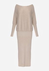 Renee - Beżowa Nietoperzowa Sukienka z Dzianiny z Wiskozą z Dekoltem w Łódkę Yuzoma. Typ kołnierza: dekolt w łódkę. Kolor: beżowy. Materiał: dzianina, wiskoza. Typ sukienki: oversize #2