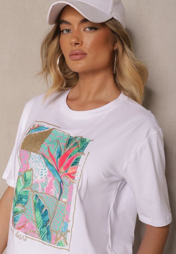 Renee - Biały T-shirt z Bawełny Ozdobiony Brokatem Isadelle. Okazja: na co dzień. Kolor: biały. Materiał: bawełna. Wzór: aplikacja. Styl: klasyczny, casual