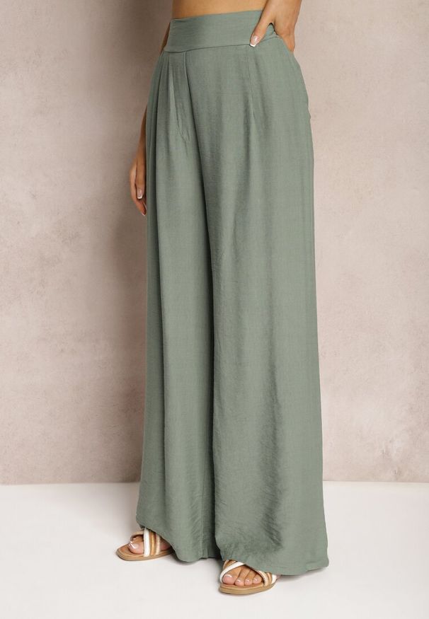 Renee - Zielone Szerokie Spodnie z Wiskozy High Waist z Gumką w Talii Timasha. Stan: podwyższony. Kolor: zielony. Materiał: wiskoza. Sezon: lato