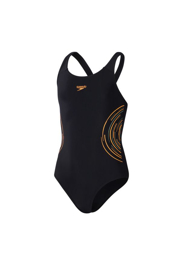 Dziewczęcy jednoczęściowy kostium kąpielowy Speedo Eco Placement Muscleback. Kolor: pomarańczowy, czarny, wielokolorowy