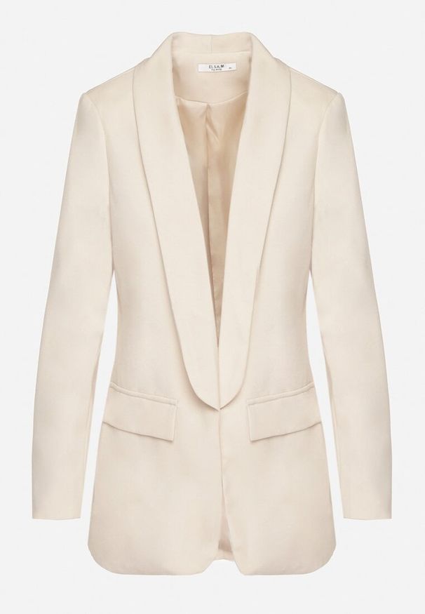 Born2be - Beżowa Marynarka o Pudełkowym Kroju z Ozdobnymi Klapami Clawira. Okazja: na spotkanie biznesowe, do pracy, na co dzień. Kolor: beżowy. Materiał: jeans. Styl: casual, klasyczny, biznesowy