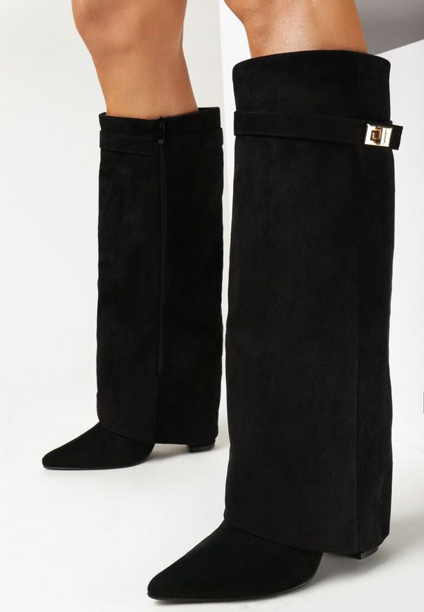 Born2be - Czarne Kozaki na Słupku z Wywiniętą Cholewką Gafsena. Okazja: na co dzień. Kolor: czarny. Materiał: jeans. Szerokość cholewki: normalna. Sezon: wiosna, zima, jesień. Obcas: na słupku. Styl: casual. Wysokość obcasa: średni