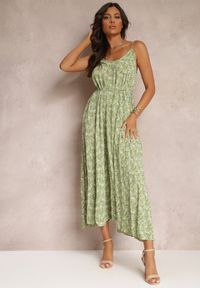 Renee - Zielona Sukienka Maxi Wiązana na Ramionach z Rozkloszowanym Dołem Matiltta. Kolor: zielony. Materiał: materiał. Długość rękawa: na ramiączkach. Sezon: lato, wiosna. Długość: maxi