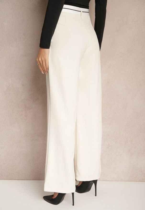 Renee - Beżowe Spodnie o Szerokim Kroju High Waist Wykończone Lamówką Verillia. Okazja: na spacer, na co dzień. Stan: podwyższony. Kolor: beżowy. Styl: elegancki, casual