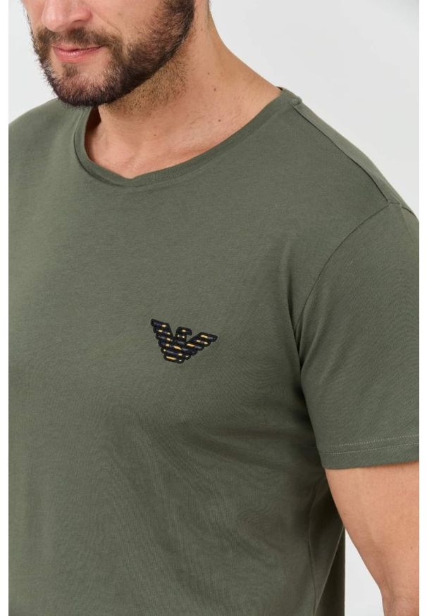 Emporio Armani - EMPORIO ARMANI Zielony męski t-shirt logo brodé, Rozmiar XL. Kolor: zielony