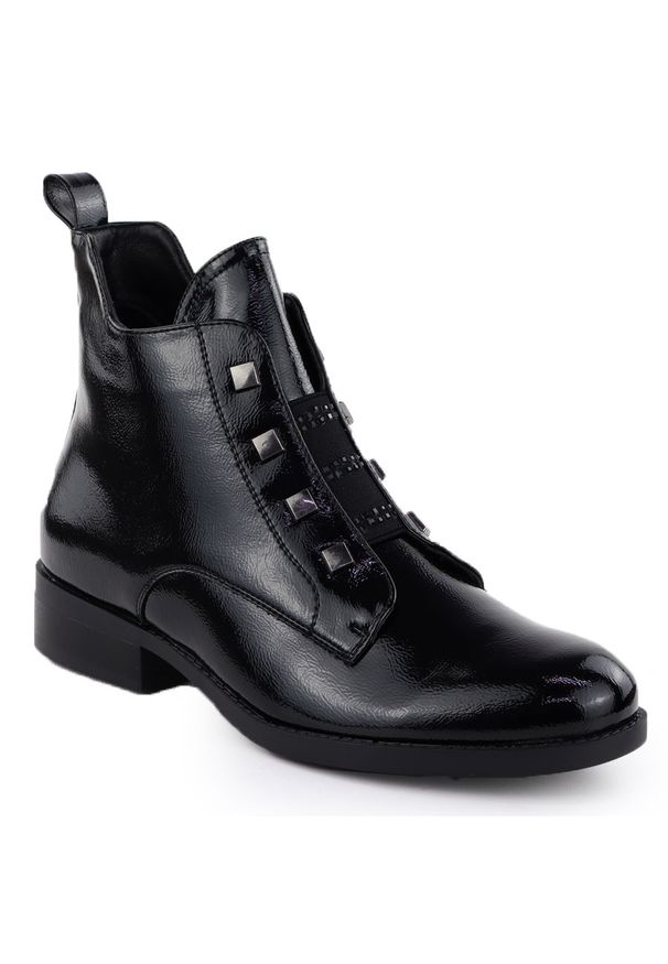 Botki damskie lakierowane czarne S.Barski HY52-527. Kolor: czarny. Materiał: skóra ekologiczna. Szerokość cholewki: normalna. Styl: elegancki