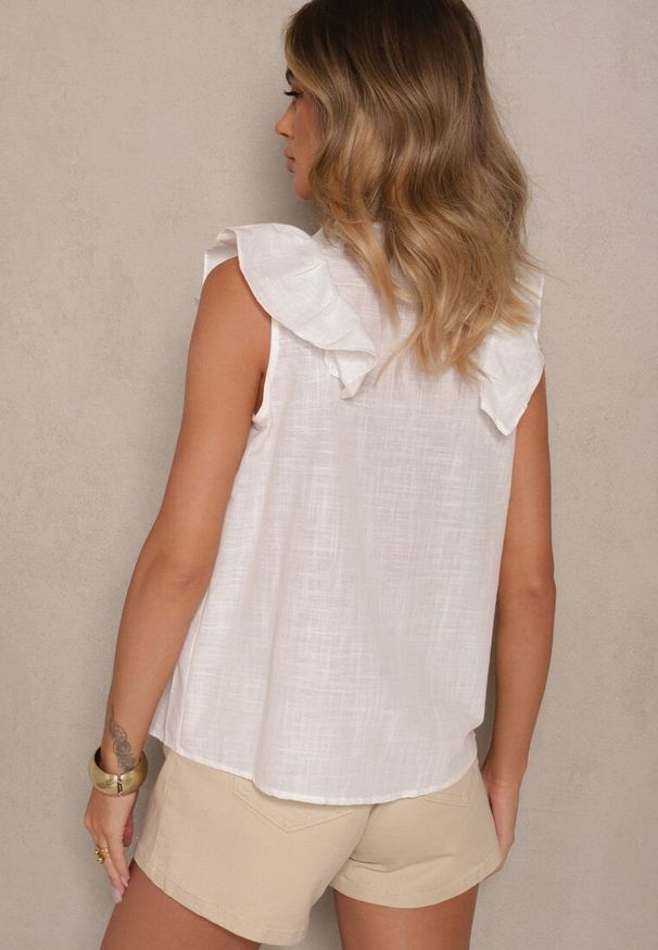 Renee - Biała Bluzka z Bawełny z Lnem Falbankami i Haftem Ziarinda. Okazja: na spotkanie biznesowe. Typ kołnierza: kołnierz z falbankami. Kolor: biały. Materiał: len, bawełna. Wzór: haft. Styl: biznesowy, elegancki