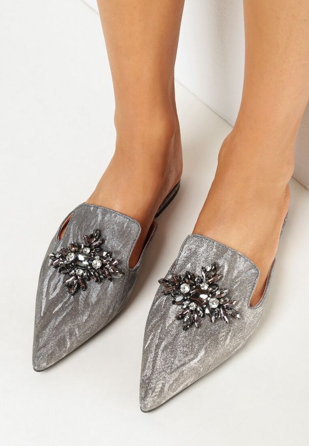 Born2be - Szare Brokatowe Klapki Mule ze Szpiczastym Noskiem w Cyrkonie Vanesine. Nosek buta: szpiczasty. Kolor: szary