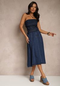 Renee - Granatowa Bawełniana Spódnica Jeansowa o Rozkloszowanym Kroju Bialitta. Kolor: niebieski. Materiał: bawełna, jeans