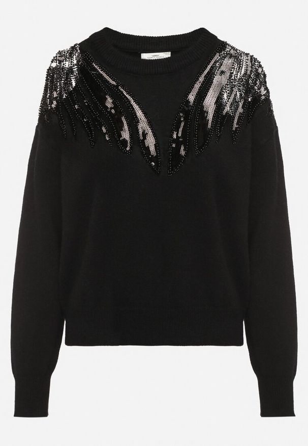 Born2be - Czarny Sweter z Siateczkowymi Wstawkami z Cekinami Perełkami i Koralikami Evoriana. Okazja: na co dzień. Kolor: czarny. Materiał: jeans. Styl: glamour, elegancki, casual